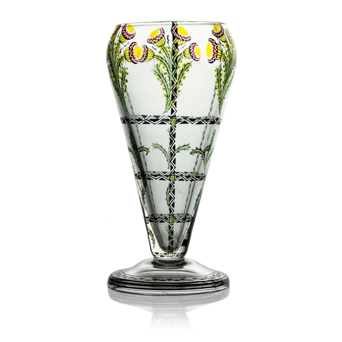 619 - Faschule Haida, Johann Oertel, a Secessionist enamelled glass vase, circa 1910, footed conical form,... 