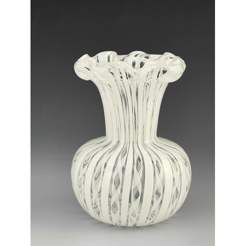 631 - A Venetian Murano glass zanfirico vase, probably Venini, bulbous form with flared and crimped rim, o... 