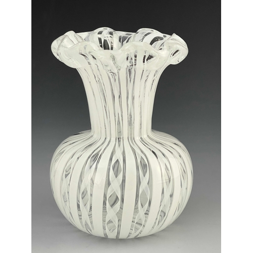 631 - A Venetian Murano glass zanfirico vase, probably Venini, bulbous form with flared and crimped rim, o... 