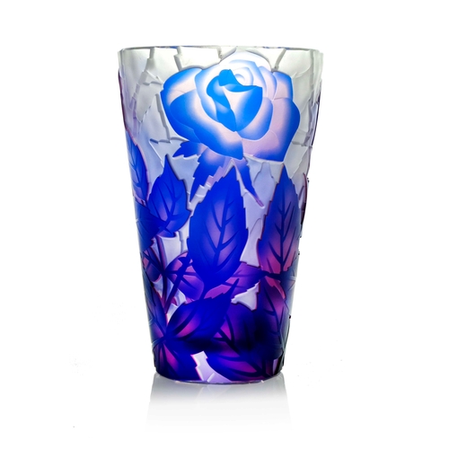 632 - Moser, a cameo etched triple cased glass vase, conical bucket form, acid engraved with roses, blue o... 