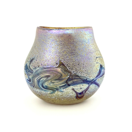 635 - Siddy Langley, an iridescent studio glass vase, 1997, flattened baluster form, applied with a natura... 