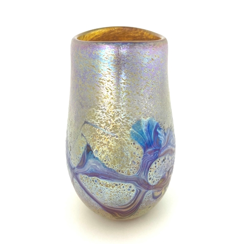 635 - Siddy Langley, an iridescent studio glass vase, 1997, flattened baluster form, applied with a natura... 