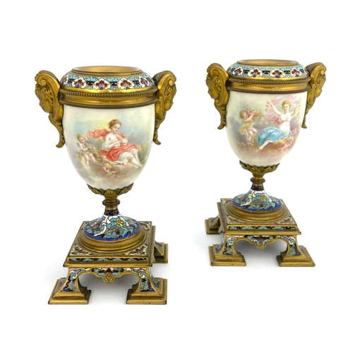 648 - Collet, pair of porcelain metal mounted vases, urn form, painted with muses and putti in clouds, mou... 