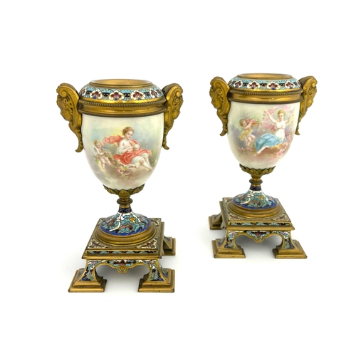 648 - Collet, pair of porcelain metal mounted vases, urn form, painted with muses and putti in clouds, mou... 