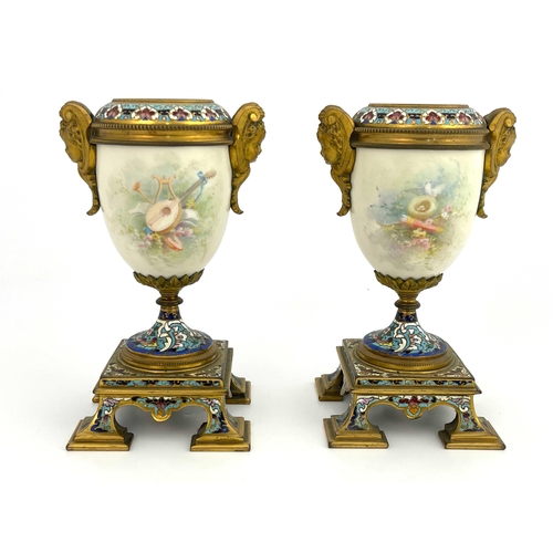 648 - Collet, pair of porcelain metal mounted vases, urn form, painted with muses and putti in clouds, mou... 