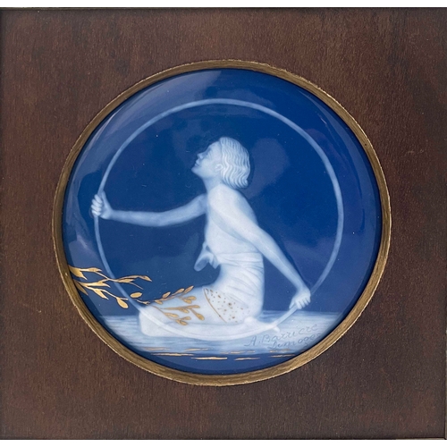 650 - Antoine Barriere, an Art Deco Limoges pate sur pate panel, circa 1925, circular plaque form decorate... 