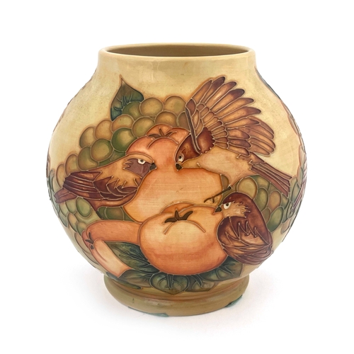 651 - Sally Tuffin for Moorcroft, a Finches vase, circa 1980, spherical form, impressed marks, WM monogram... 