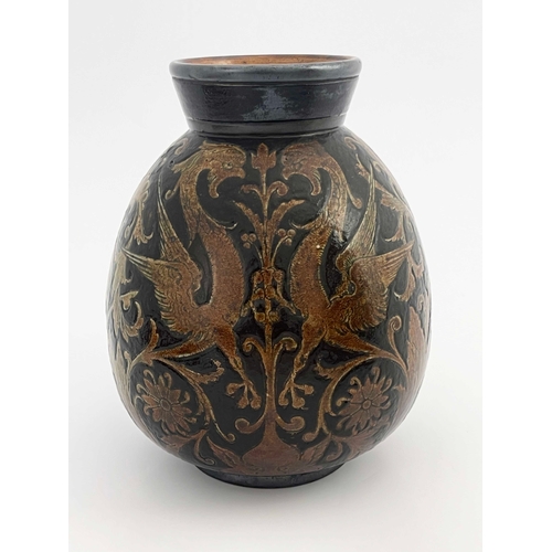 694 - Robert Wallace Martin for Martin Brothers, a stoneware vase, 1884, bulbous ovoid form, sgraffito dec... 