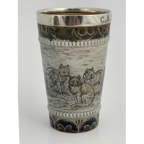 703 - Hannah Barlow for Doulton Lambeth, a silver mounted stoneware beaker, 1877, conical form, sgraffito ... 