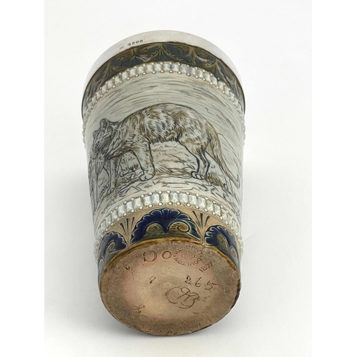 703 - Hannah Barlow for Doulton Lambeth, a silver mounted stoneware beaker, 1877, conical form, sgraffito ... 