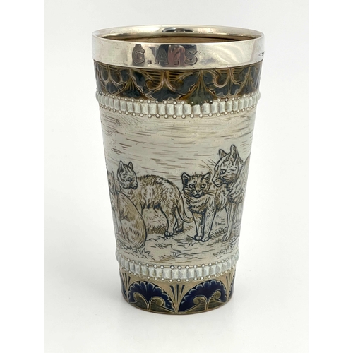 703 - Hannah Barlow for Doulton Lambeth, a silver mounted stoneware beaker, 1877, conical form, sgraffito ... 