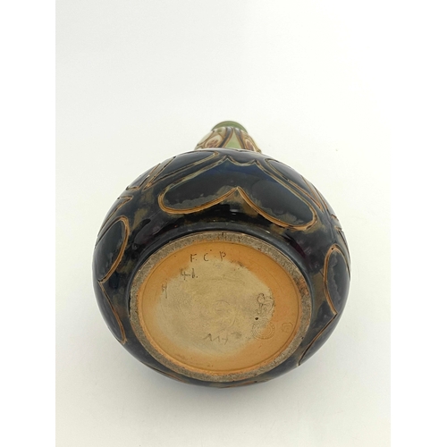 704 - Francis Pope for Royal Doulton, a stoneware vase, 1904, conical double gourd form, sgraffito decorat... 