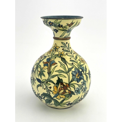 708 - Mary Butterton for Doulton Lambeth, a Faience vase, 1877, ovoid bottle form with flared neck, painte... 