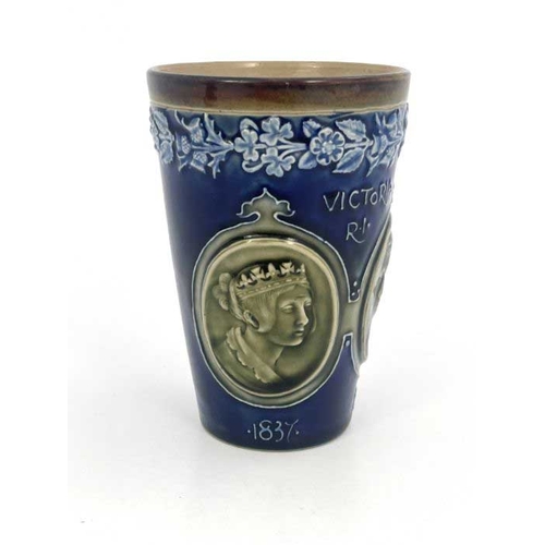 709A - A Doulton Lambeth Diamond Jubilee commemorative stoneware beaker, relief moulded with portraits of Q... 