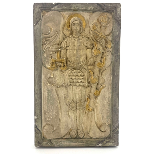 712 - Mary Seton Watts for Compton Pottery, an Arts and Crafts pottery plaque, St Michael, circa 1919, mod... 