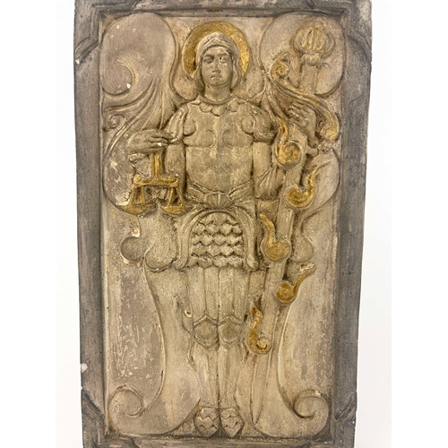 712 - Mary Seton Watts for Compton Pottery, an Arts and Crafts pottery plaque, St Michael, circa 1919, mod... 