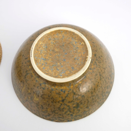 723 - Ruskin Pottery, two oatmeal glazed bowls, circa 1930, speckled beige, incised marks and impressed ma... 