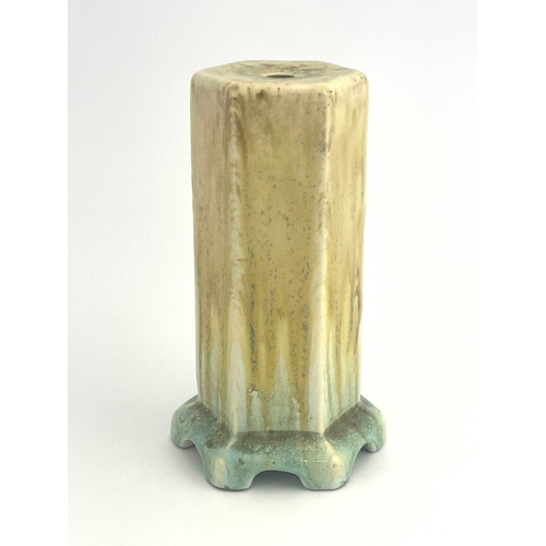 725 - Ruskin Pottery, a crystalline lamp base, 1930, hexagonal section cylindrical form, on bracket feet, ... 