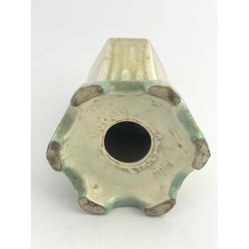 725 - Ruskin Pottery, a crystalline lamp base, 1930, hexagonal section cylindrical form, on bracket feet, ... 