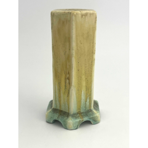 725 - Ruskin Pottery, a crystalline lamp base, 1930, hexagonal section cylindrical form, on bracket feet, ... 