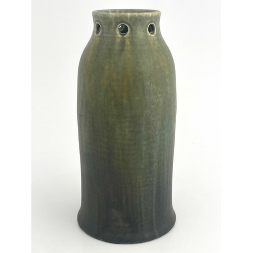 729 - Ruskin Pottery, a crystalline vase, circa 1932, shouldered bell form with reticulated neck, streaky ... 