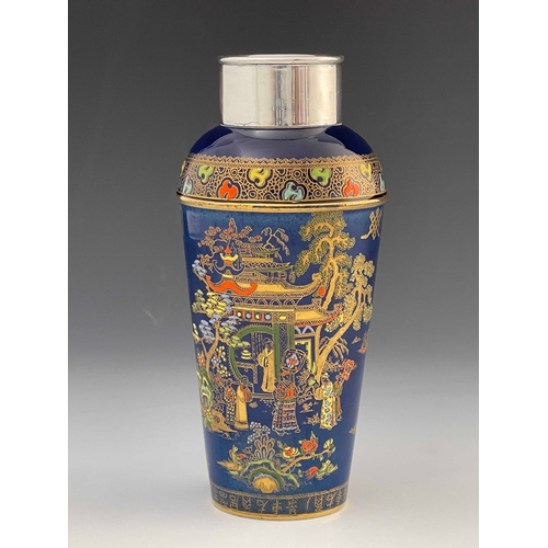 731 - Carlton Ware, probably for Alfred Dunhill, an Art Deco Chinoiserie Bleu Royale cocktail shaker, circ... 