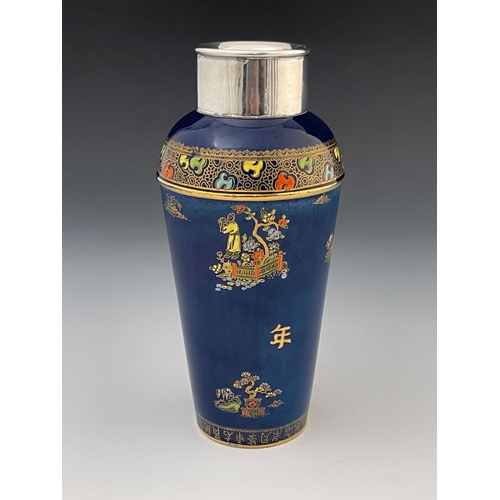 731 - Carlton Ware, probably for Alfred Dunhill, an Art Deco Chinoiserie Bleu Royale cocktail shaker, circ... 