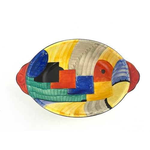 735 - Susie Cooper for Gray's Pottery, an Art Deco twin handled dish, oval form, painted with geometric de... 