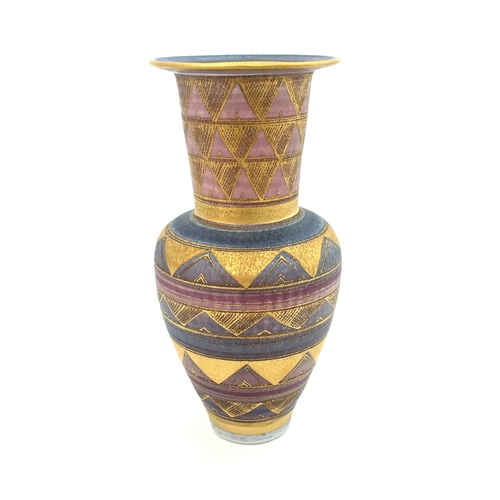 744 - Mary Rich, a studio pottery vase, shouldered form with conical neck, decorated with bands of gilt ch... 