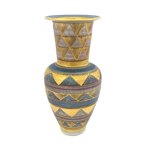 744 - Mary Rich, a studio pottery vase, shouldered form with conical neck, decorated with bands of gilt ch... 