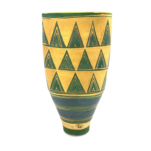 745 - Mary Rich, a studio pottery vase, flattened conical form, painted with bands of gilt ground chevrons... 