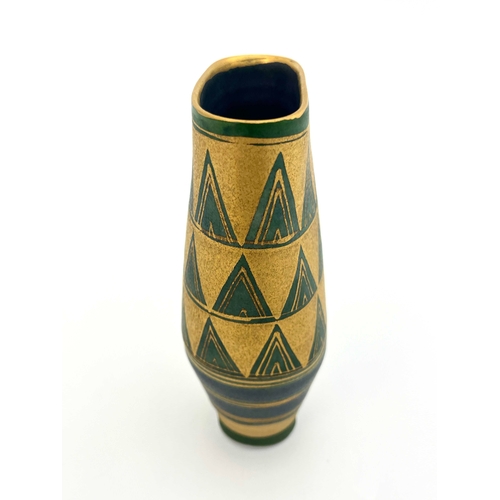 745 - Mary Rich, a studio pottery vase, flattened conical form, painted with bands of gilt ground chevrons... 