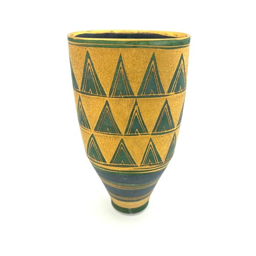 745 - Mary Rich, a studio pottery vase, flattened conical form, painted with bands of gilt ground chevrons... 