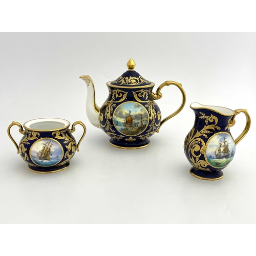 747 - Stefan Nowacki for Lynton, a marine painted three piece tea set, baluster form, each decorated with ... 