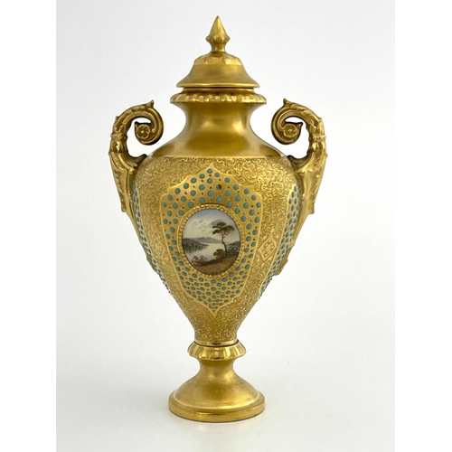 762 - E O Ball for Coalport  a jewelled and scene painted pedestal vase and cover, twin handled baluster f... 