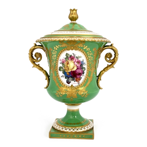 763 - Cuthbert Gresley for Royal Crown Derby, a floral painted pedestal vase and cover, Campana urn form, ... 