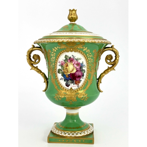 763 - Cuthbert Gresley for Royal Crown Derby, a floral painted pedestal vase and cover, Campana urn form, ... 