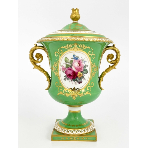 763 - Cuthbert Gresley for Royal Crown Derby, a floral painted pedestal vase and cover, Campana urn form, ... 