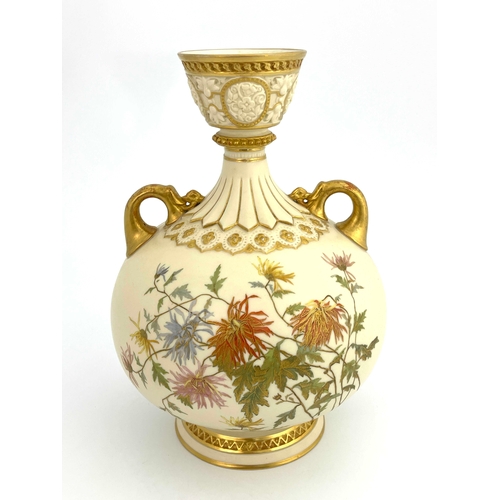 767 - A Royal Worcester blush ivory vase, twin handled ovoid bottle form, painted with chrysanthemums, in ... 