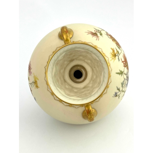 767 - A Royal Worcester blush ivory vase, twin handled ovoid bottle form, painted with chrysanthemums, in ... 