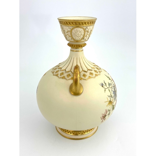 767 - A Royal Worcester blush ivory vase, twin handled ovoid bottle form, painted with chrysanthemums, in ... 