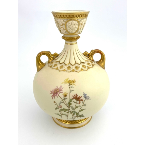 767 - A Royal Worcester blush ivory vase, twin handled ovoid bottle form, painted with chrysanthemums, in ... 