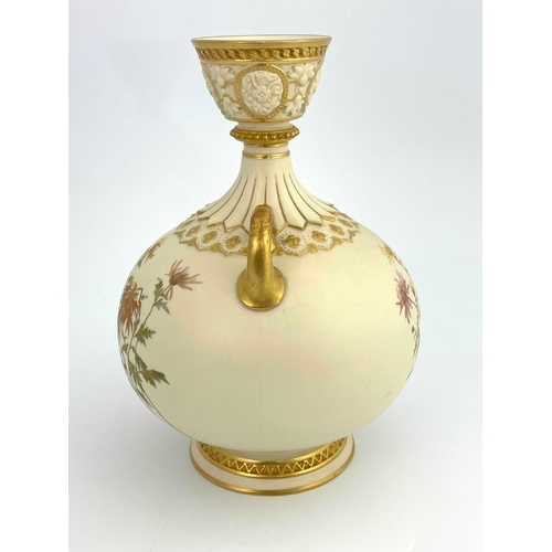 767 - A Royal Worcester blush ivory vase, twin handled ovoid bottle form, painted with chrysanthemums, in ... 