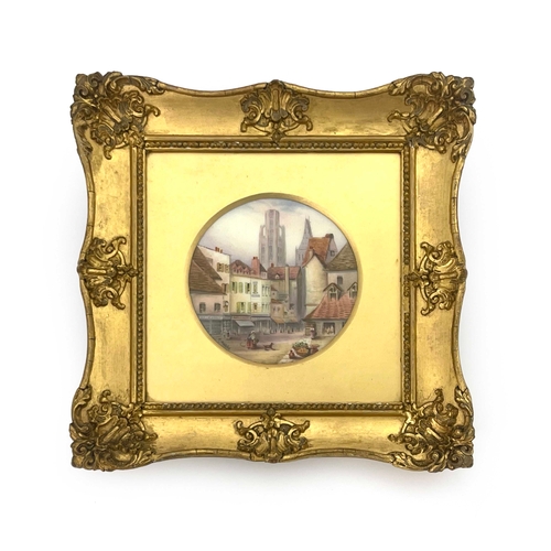 775 - R Rushton for Royal Worcester, a painted plaque, Market Place Rouen, 1916, circular, 12cm diameter, ... 