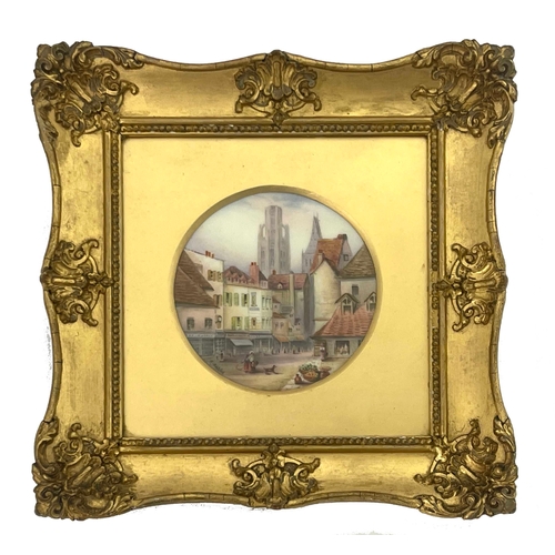 775 - R Rushton for Royal Worcester, a painted plaque, Market Place Rouen, 1916, circular, 12cm diameter, ... 