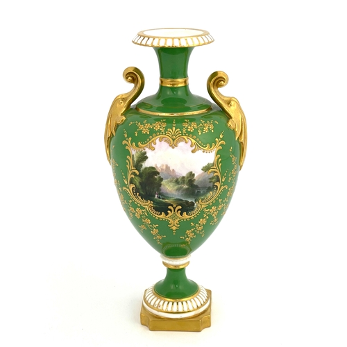 778 - Harry Davis for Royal Worcester, a pedestal landscape vase, 1903, twin handled urn form, decorated w... 