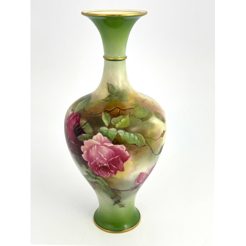 779 - M E Eaton for Royal Worcester, a rose painted vase, inverse baluster form, on green ground, 30cm hig... 