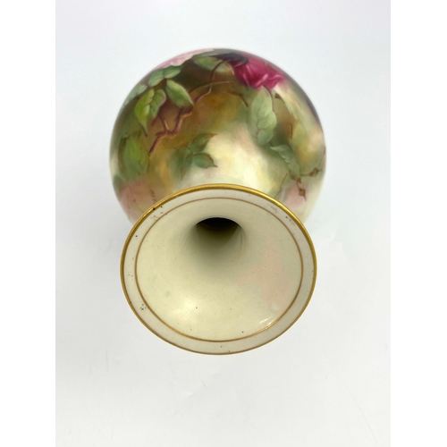 779 - M E Eaton for Royal Worcester, a rose painted vase, inverse baluster form, on green ground, 30cm hig... 