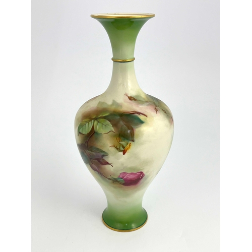 779 - M E Eaton for Royal Worcester, a rose painted vase, inverse baluster form, on green ground, 30cm hig... 