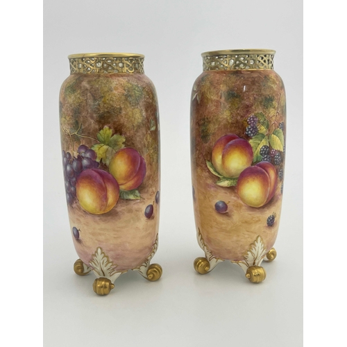 782 - John Freeman for Royal Worcester a pair of fruit painted vases, circa 1960, cylindrical elongated ov... 